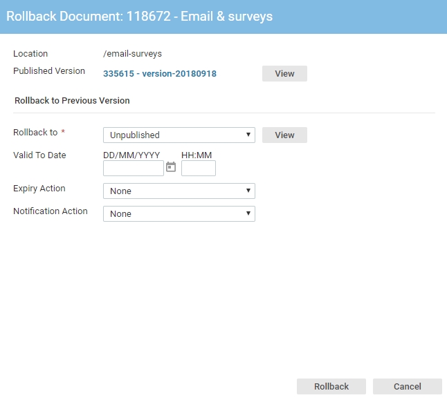 Site manager - Roll back document dialog